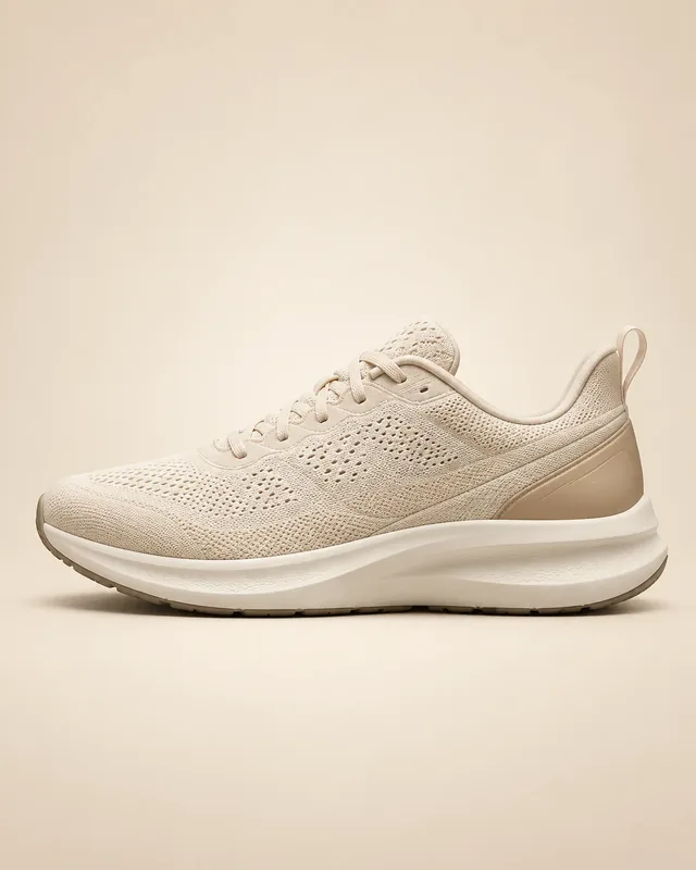 Awareness ad: cream knit sneaker on a clean ivory backdrop