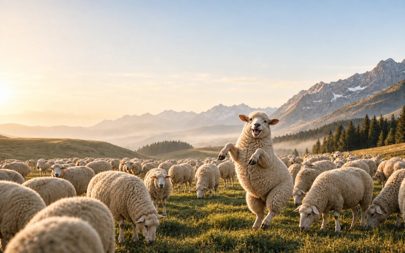 A joyful sheep standing out among a flock in a sunlit mountain meadow